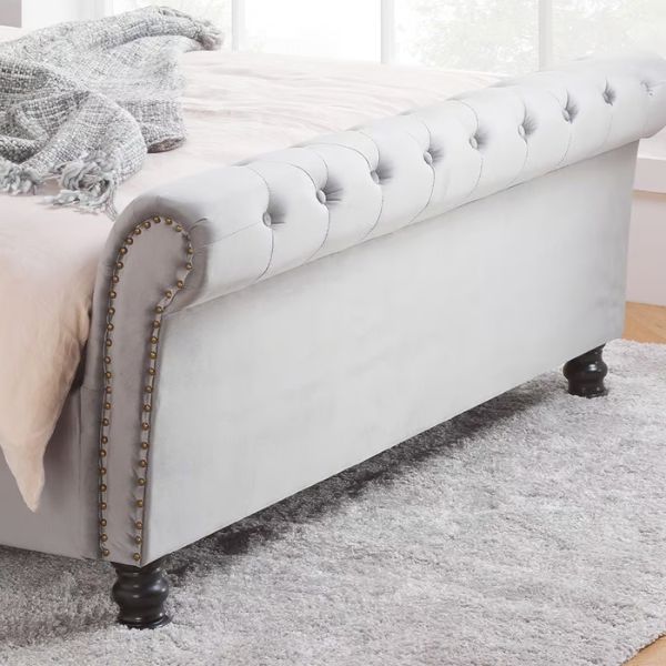 Opulence Grey Velvet Fabric Scroll Sleigh Bed footend