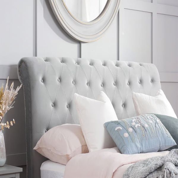 Opulence Grey Velvet Fabric Scroll Sleigh Bed headboard