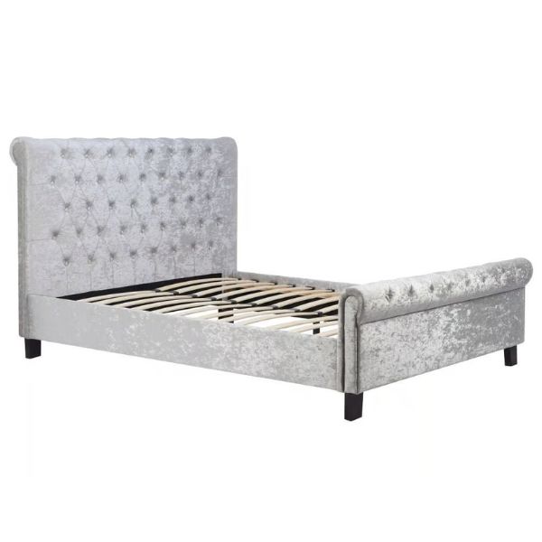 Sienna Steel Crushed Velvet Fabric Sleigh Bed sprung slats