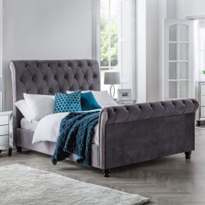 Valentino Grey Velvet Fabric Sleigh Bed