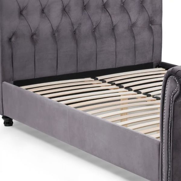 Valentino Grey Velvet Fabric Sleigh Bed sprung slats Valentino Grey Velvet Fabric Sleigh Bed sprung slats