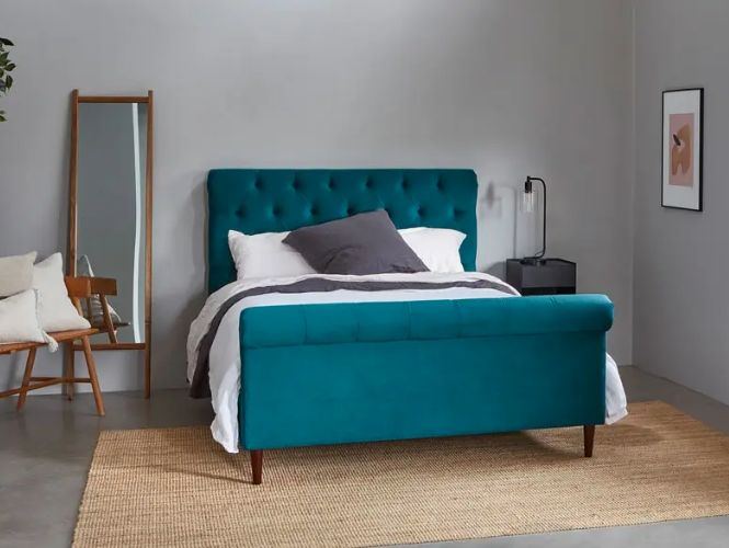 modern sleigh bed in teal