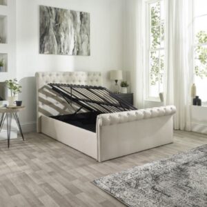 Scroll Top Chesterfield Ottoman Storage Bed in Natural Linen