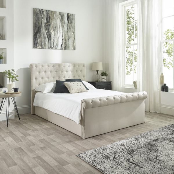 Scroll Top Chesterfield Ottoman Storage Bed in Natural Linen double size Scroll Top Chesterfield Ottoman Storage Bed in Natural Linen double size