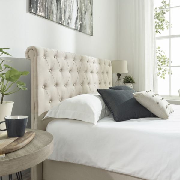 Scroll Top Chesterfield Ottoman Storage Bed in Natural Linen headboard Scroll Top Chesterfield Ottoman Storage Bed in Natural Linen headboard